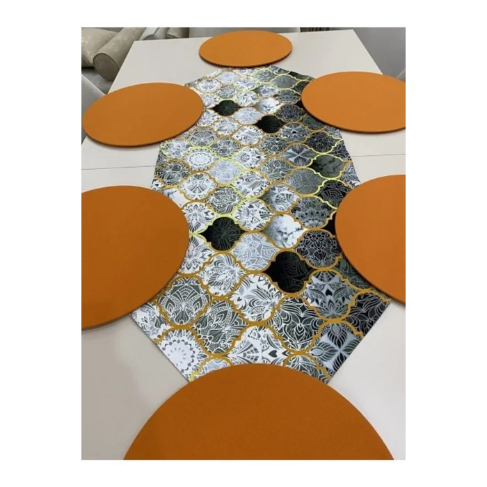 Genel Ürün Gri Macaron Desenli Runner Ve 6lı Supla Seti