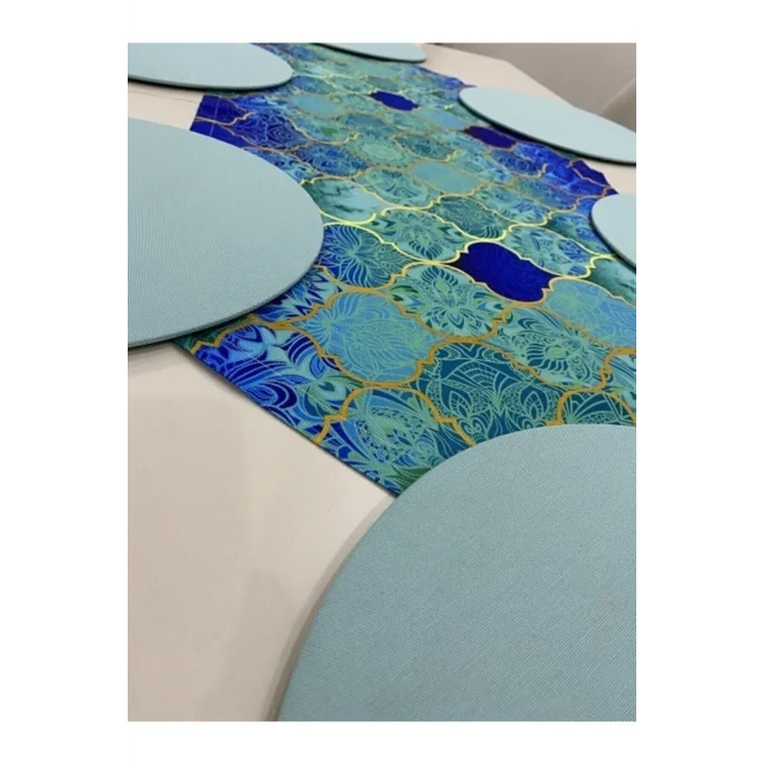 Genel Ürün Mavi Macaron Desen Dijital Baskı Runner Supla Set