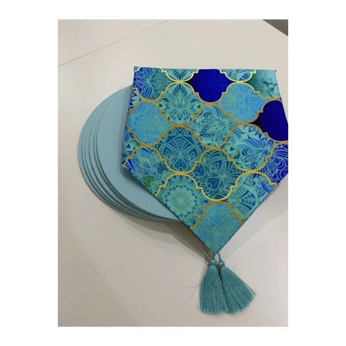 Genel Ürün Mavi Macaron Desen Dijital Baskı Runner Supla Set