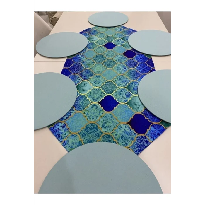 Genel Ürün Mavi Macaron Desen Dijital Baskı Runner Supla Set