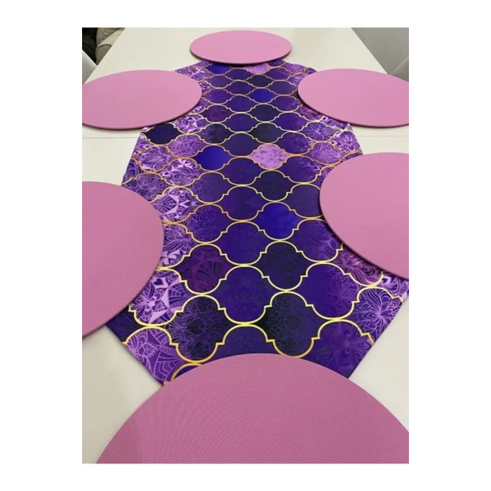 Genel Ürün Mor Macaron Desenli Runner Ve 6lı Supla Set