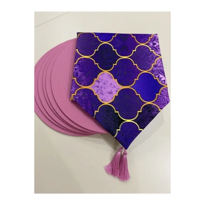 Genel Ürün Mor Macaron Desenli Runner Ve 6lı Supla Set