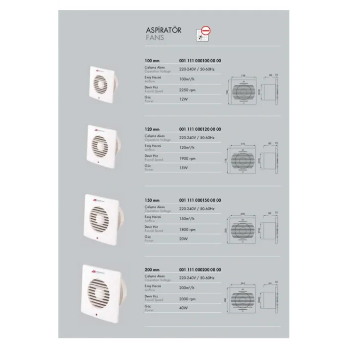 Genel Ürün Banyo Ve Tuvalet Aspiratörü 150 Mm