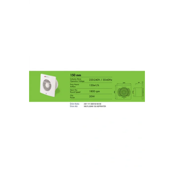 Genel Ürün Beyaz Aspiratör 1800 Rpm 20w 150 mm