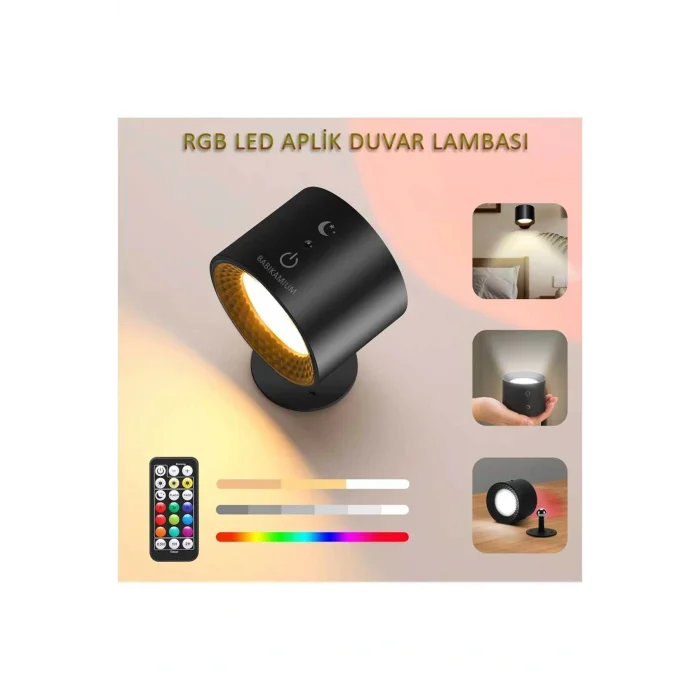 Genel Ürün Plastik Led Rgb Kablosuz Çift Taraflı Şarjlı Kumandalı Duvar Aplik Aydınlatması Siyah Ledli 2 GU10