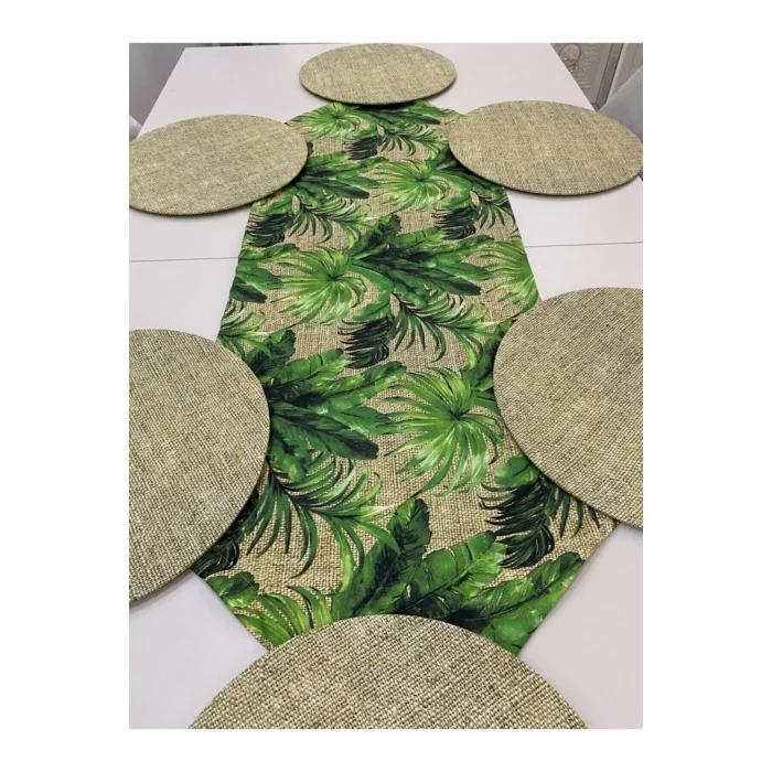 Genel Ürün Yeşil Yaprak Desenli Runner Ve 6lı Supla Seti