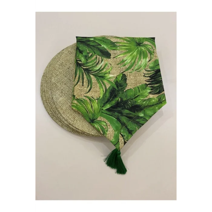 Genel Ürün Yeşil Yaprak Desenli Runner Ve 6lı Supla Seti