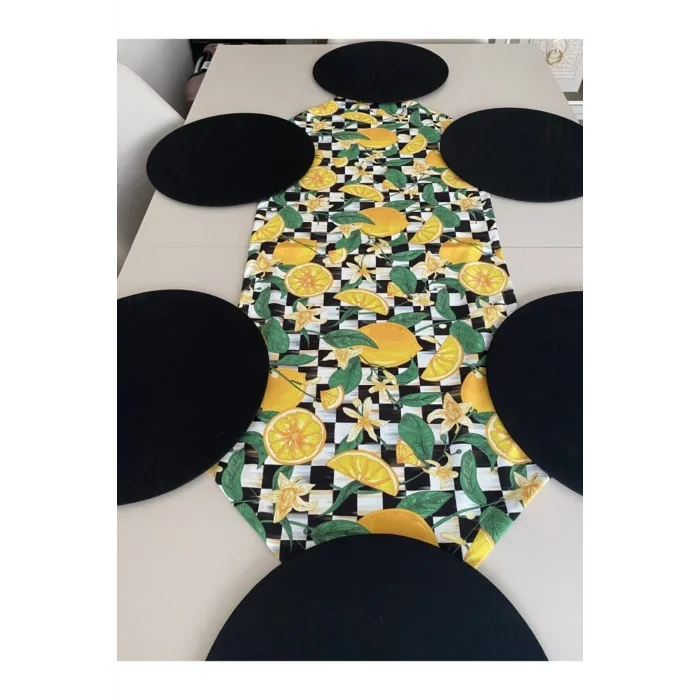 Genel Ürün Sarı Limon Desenli Runner ve 6lı Supla Seti, şık ve renkli sofralar için ideal seçenek