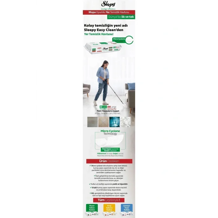 Havlu Sleppy Easy Clean Beyaz Sabun Katkılı Mopa Uyumlu Yer Temizlik Havlusu 50 Li