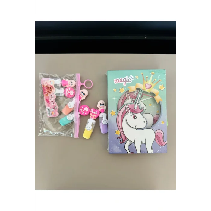 Genel Ürün fosforlu Barbie Kalem ve Magic Unicorn anı defteri Kilitlenebilir-SET KIZ ÇOCUK KIRTASİYE ÜRÜNLERİ
