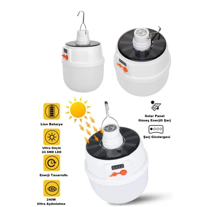 Lamba Solar 240w Güneş Enerjili Solar Aydınlatma Kamp Çadır Lambası Şarjlı Ampül Led Şarjlı El Feneri Işı