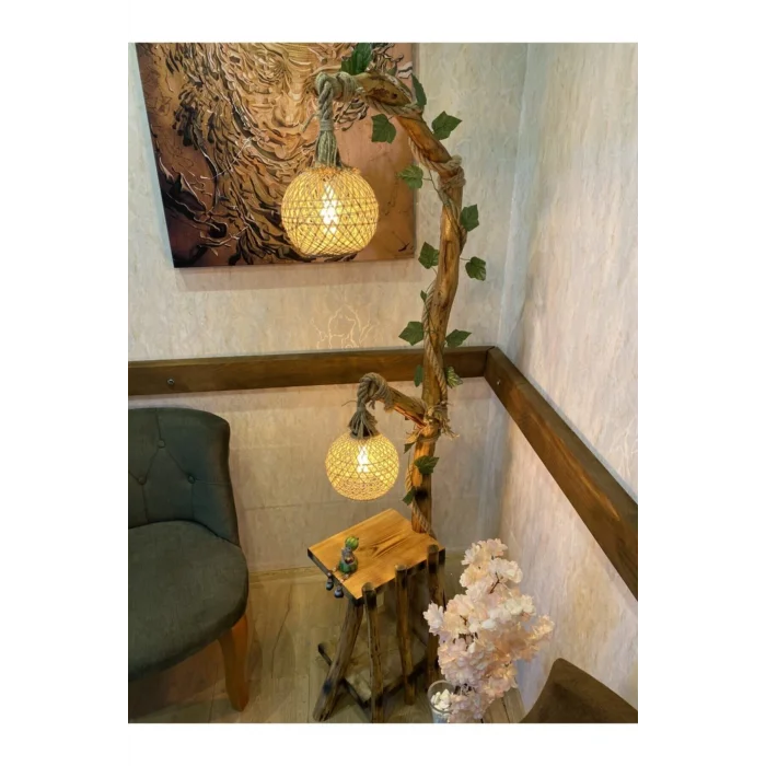 Lamba Ağaç Lambader 165-170 Cm Iki Lambalı Safranbolu Serisi Kitaplık Lambader Doğal Ahşap Köşe Aydınlatma