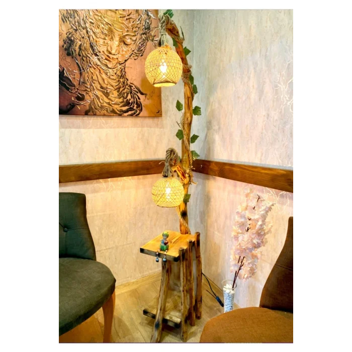 Lamba Ağaç Lambader 165-170 Cm Iki Lambalı Safranbolu Serisi Kitaplık Lambader Doğal Ahşap Köşe Aydınlatma