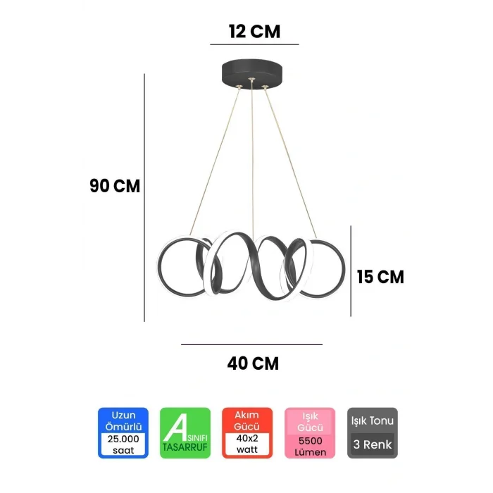Genel Ürün 3 Renk Kumandalı Siyah Kasa Dimmerli Led Avize Kıvrım Ledli Avize