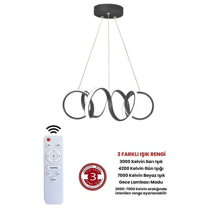 Genel Ürün 3 Renk Kumandalı Siyah Kasa Dimmerli Led Avize Kıvrım Ledli Avize