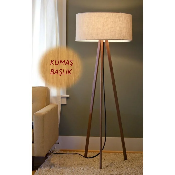 Lamba Toscana Antik Beji --3 Ayaklı Tripod Lambader Abajur Kumaş Başlık--bej-c