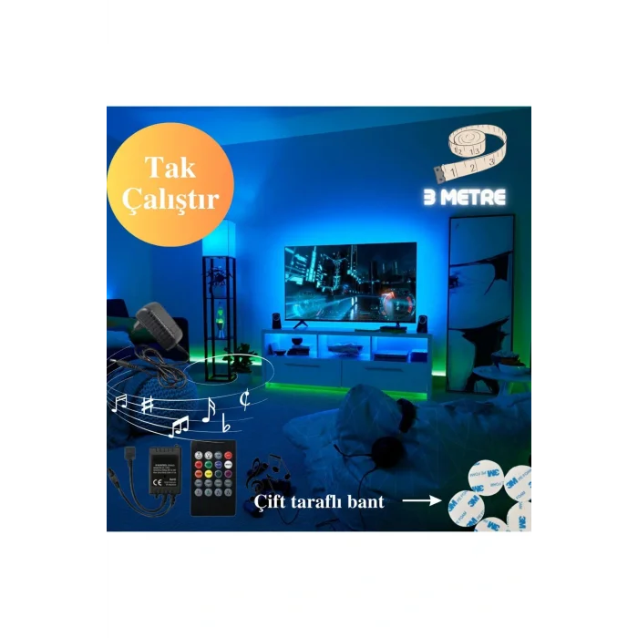 Genel Ürün Sese Ve Müziğe Duyarlı Tv Arkası Rgb Şerit Led Tak Çalıştır 3 Metre