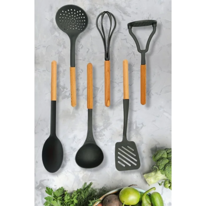Genel Ürün 6lı Ahşap Saplı Plastik Kepçe Kevgir Kaşık Spatula Ezici Ve Çırpıcı Siyah Servis Seti Dp-ahş01