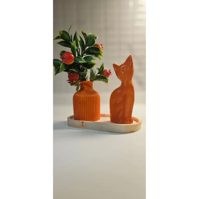 Oyuncak Laurel-wood  3 Parça Oval Tabaklı,Minyatür Vazo,Kedi Figür Seti(VERNİKLİ)