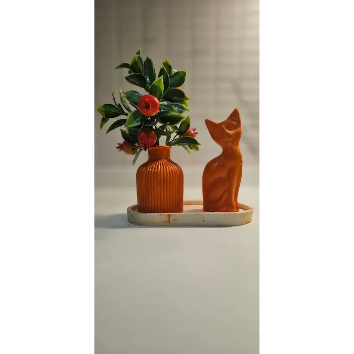 Oyuncak Laurel-wood  3 Parça Oval Tabaklı,Minyatür Vazo,Kedi Figür Seti(VERNİKLİ)