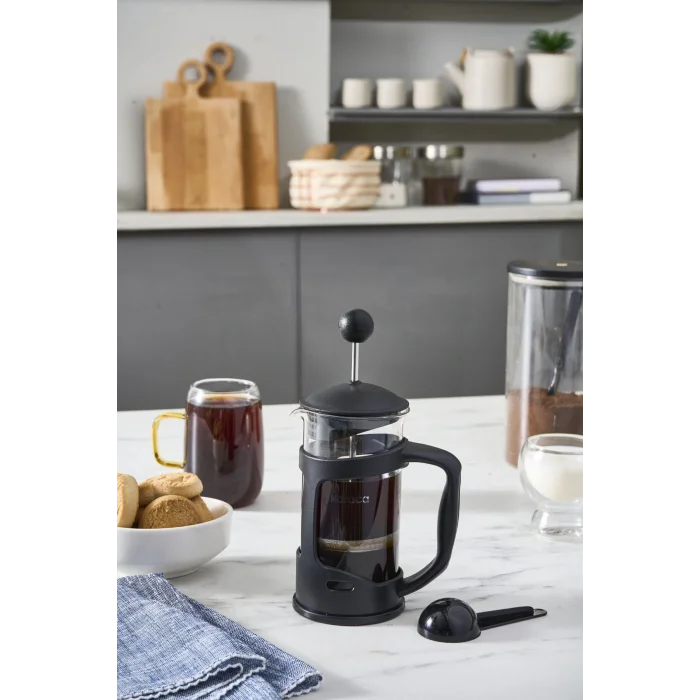 Genel Ürün Coffee Bean Kaşık Hediyeli Borosilikat Cam French Press 350 ml Siyah