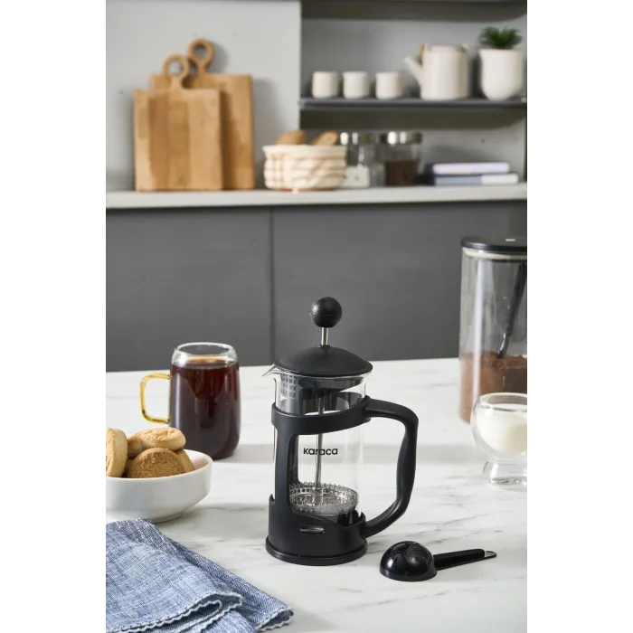 Genel Ürün Coffee Bean Kaşık Hediyeli Borosilikat Cam French Press 350 ml Siyah