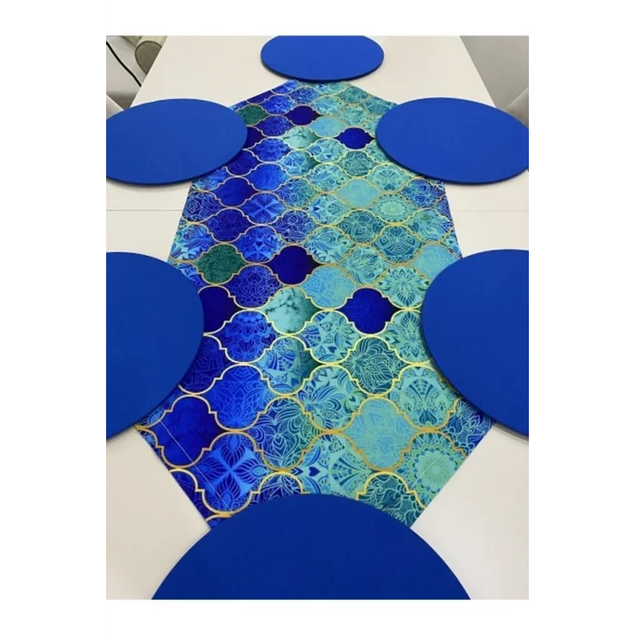 Genel Ürün Mavi Macaron Desen Dijital Baskı Runner Supla Set