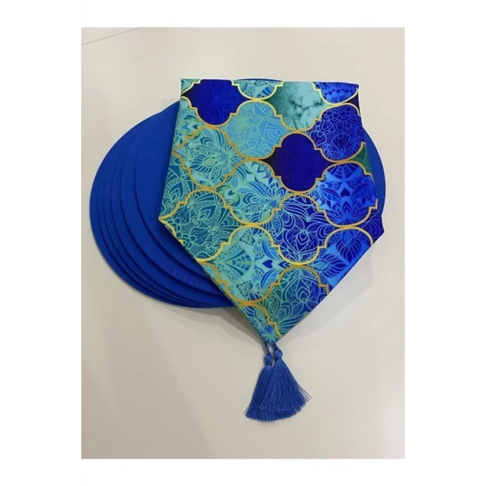 Genel Ürün Mavi Macaron Desen Dijital Baskı Runner Supla Set