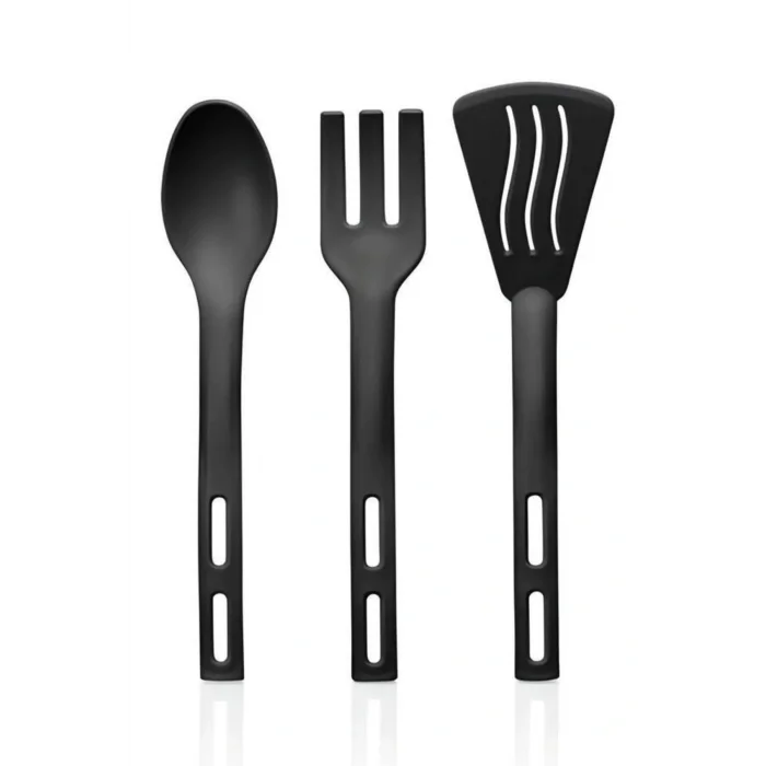 Genel Ürün 3lü Mini Plastik Spatula Kaşık Çatal Servis Seti Takımı Siyah