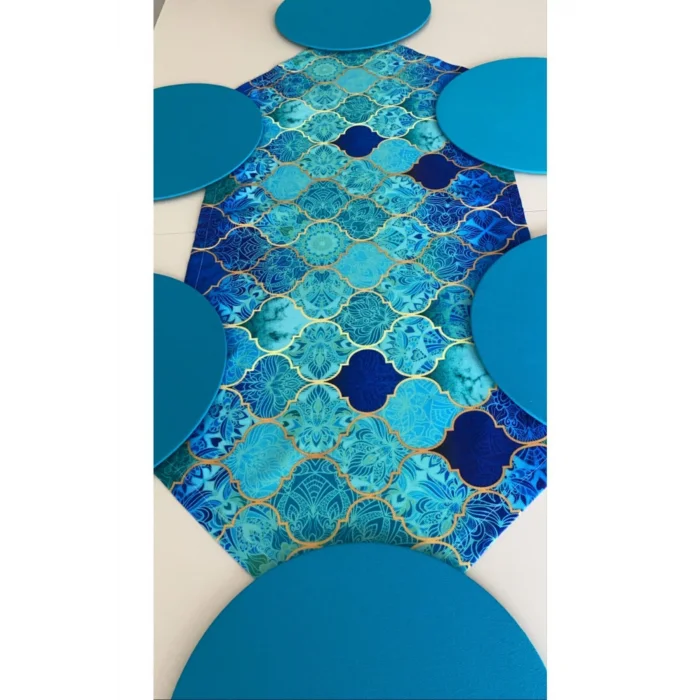 Genel Ürün Mavi Macaron Desen Dijital Baskı Runner + 6 Supla Set