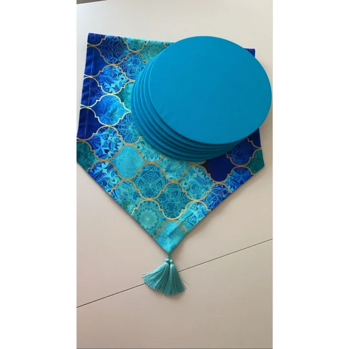 Genel Ürün Mavi Macaron Desen Dijital Baskı Runner + 6 Supla Set