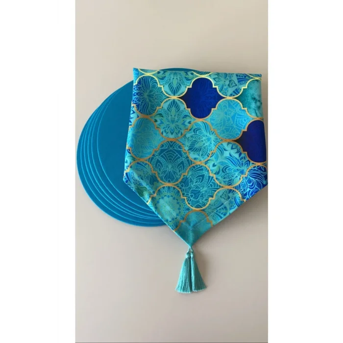 Genel Ürün Mavi Macaron Desen Dijital Baskı Runner + 6 Supla Set