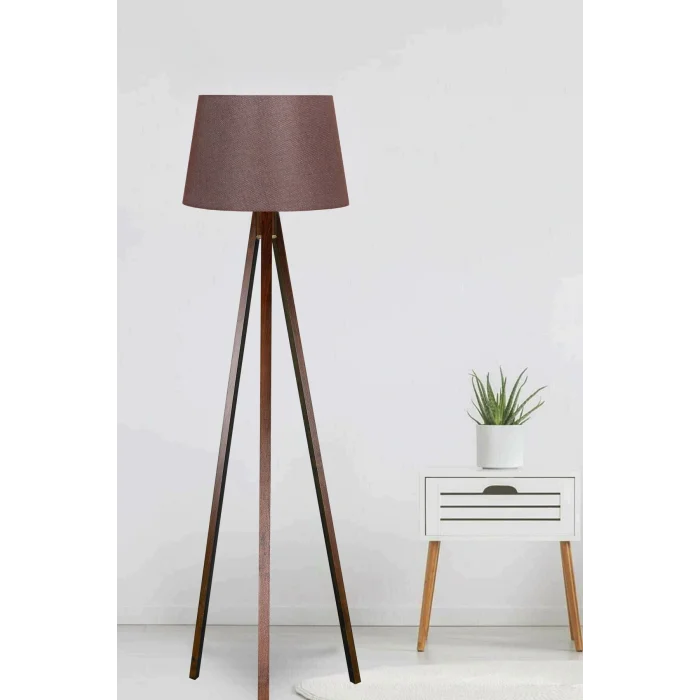 Lamba 3 Ayaklı Lambader Tripod Ayak Üç Ayaklı Ahşap Abajur Konik Kumaş Kahverengi Başlık Kahverengi Ayak