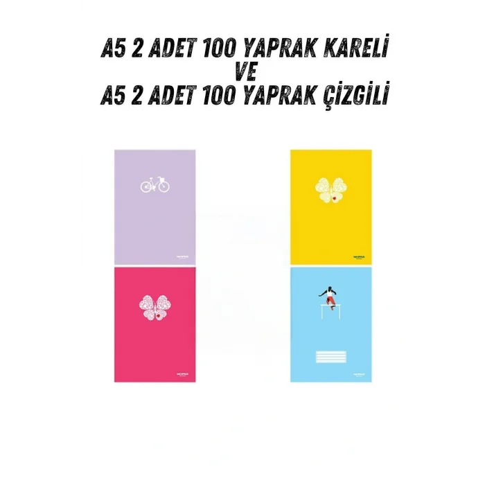 Genel Ürün 100 Yaprak Kareli Ve Çizgili A5 Küçük Boy Okul Defteri 4 Adet