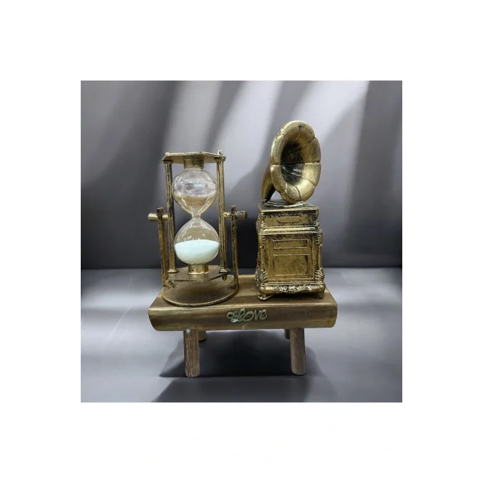 Kol Saati Ahşap Standlı Antika Görünümlü Gramafon ve Kum Saati Biblo