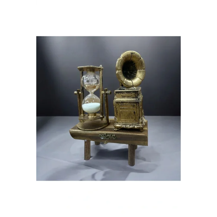 Kol Saati Ahşap Standlı Antika Görünümlü Gramafon ve Kum Saati Biblo