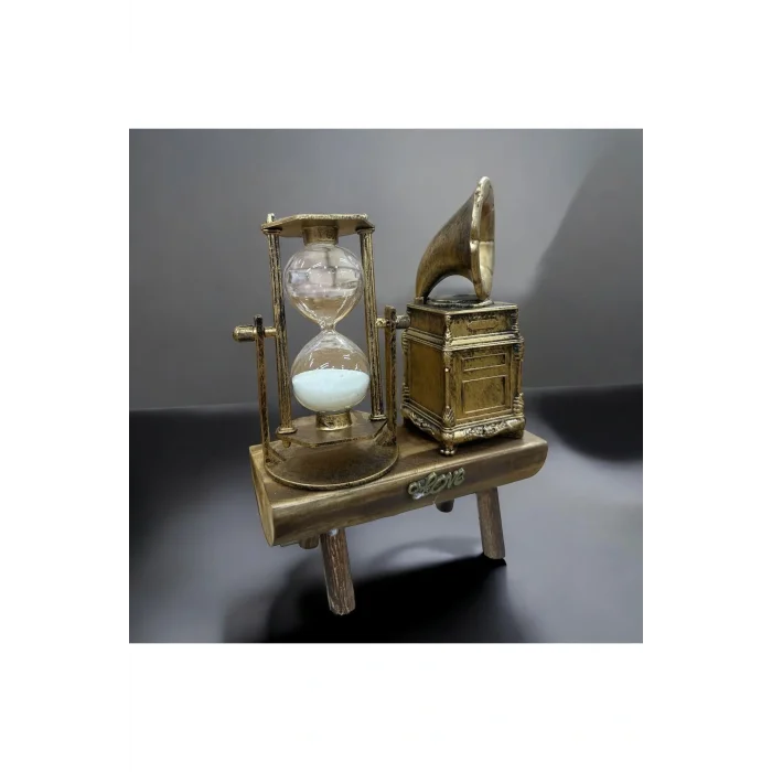 Kol Saati Ahşap Standlı Antika Görünümlü Gramafon ve Kum Saati Biblo