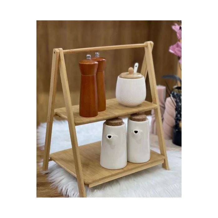 Genel Ürün Bambu iki katlı sunumluk baharatlık dekoratif raf