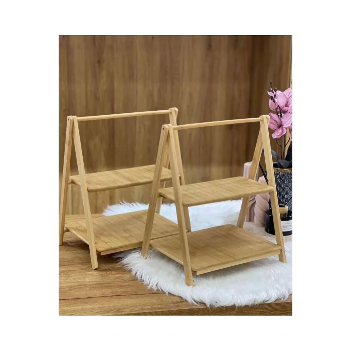 Genel Ürün Bambu iki katlı sunumluk baharatlık dekoratif raf