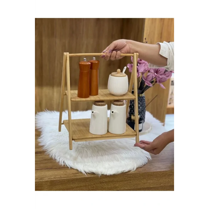 Genel Ürün Bambu iki katlı sunumluk baharatlık dekoratif raf