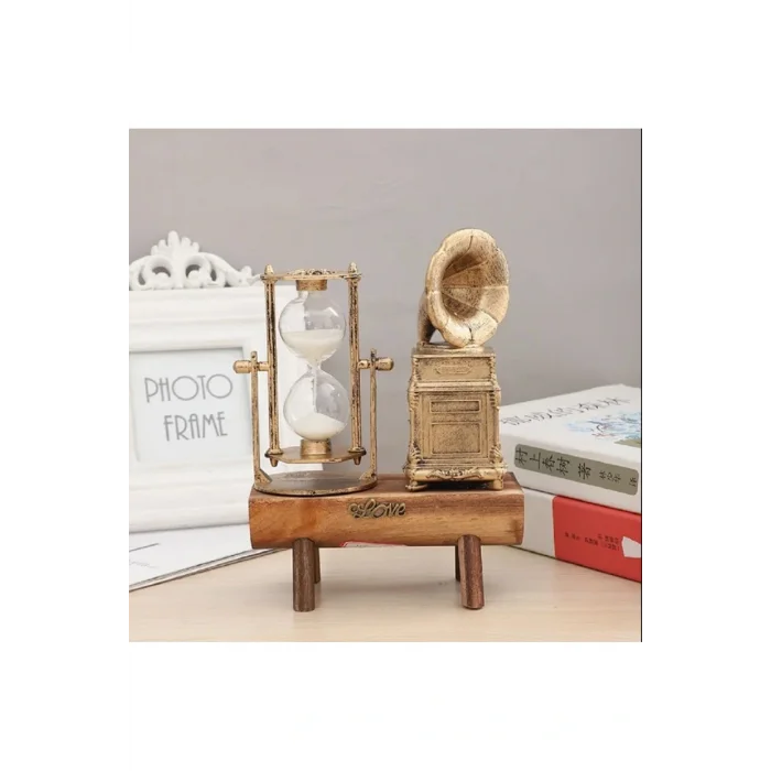 Kol Saati Ahşap Antika Tasarımlı Dekoratif  Gold Renk Gramofon Ve Kum Saati Dekorasyon Ev Ofis Hediyelik Eşya