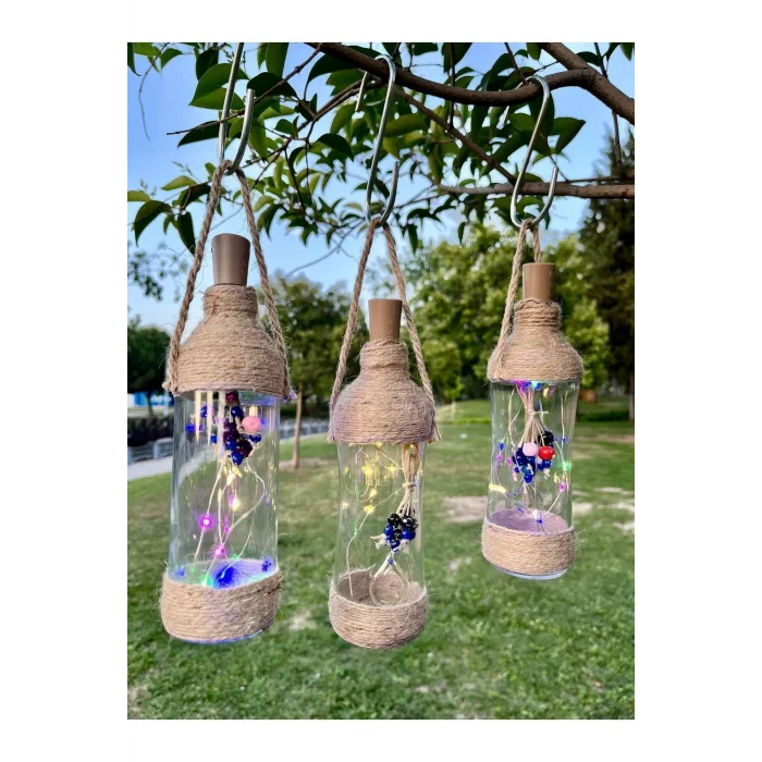 Genel Ürün 1 Adet Ledli Şişe, Led Işıklı Dekoratif Şişe, Boncuklu Cam Şişe, Bahçe Balkon Süslemesi, El Yapımı