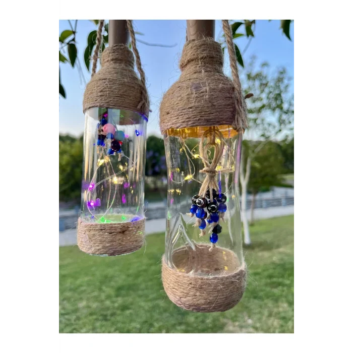 Genel Ürün 1 Adet Ledli Şişe, Led Işıklı Dekoratif Şişe, Boncuklu Cam Şişe, Bahçe Balkon Süslemesi, El Yapımı