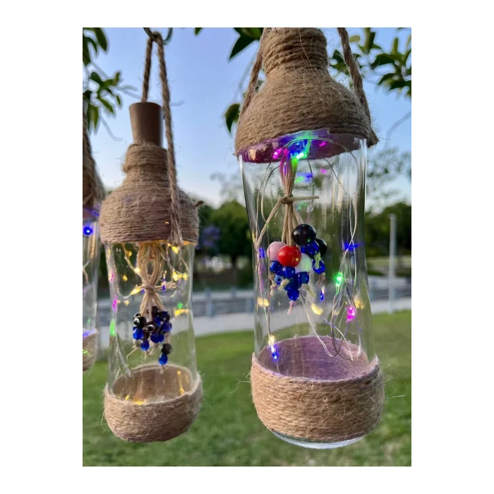 Genel Ürün 1 Adet Ledli Şişe, Led Işıklı Dekoratif Şişe, Boncuklu Cam Şişe, Bahçe Balkon Süslemesi, El Yapımı