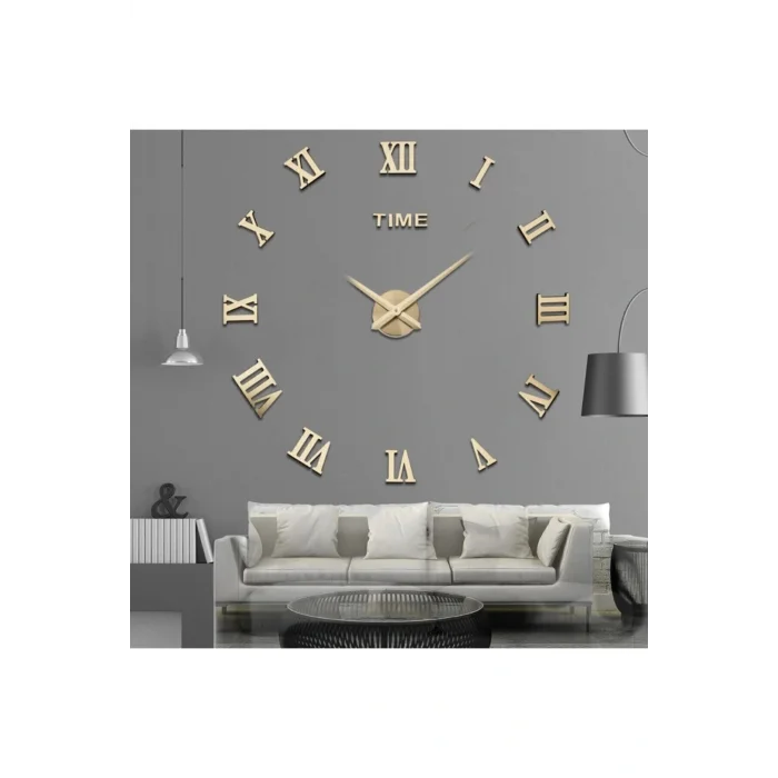 Kol Saati Dekoratif 3d Duvar Saati Pleksi Ayna Roma Rakamlı Büyük Boy Roma Gold