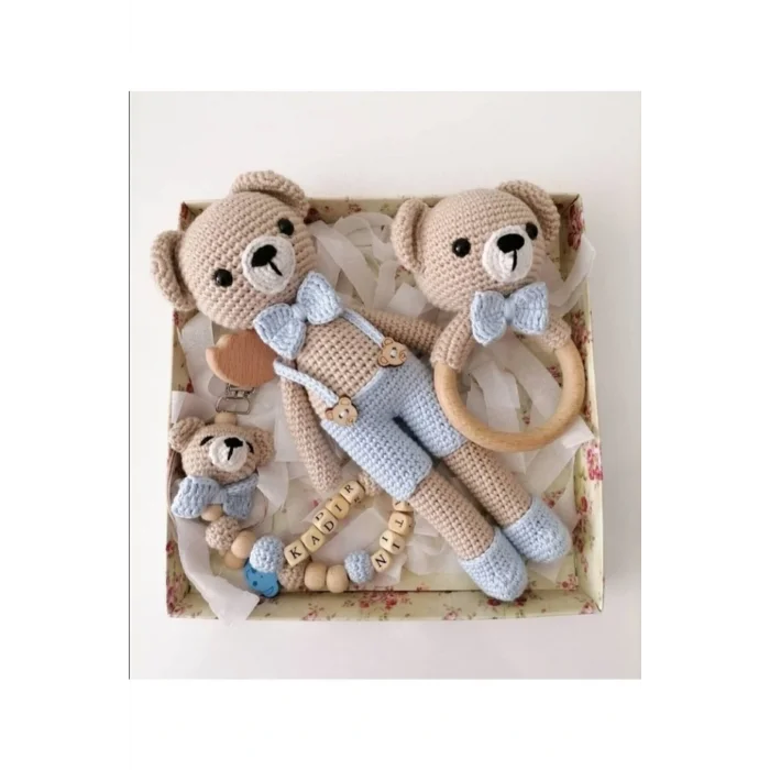 Oyuncak 1 - 2 Yaş Amigurumi Organik Örgü Oyuncak Papyonlu Ayıcık Set Tekstil Jel Dobby Mavi