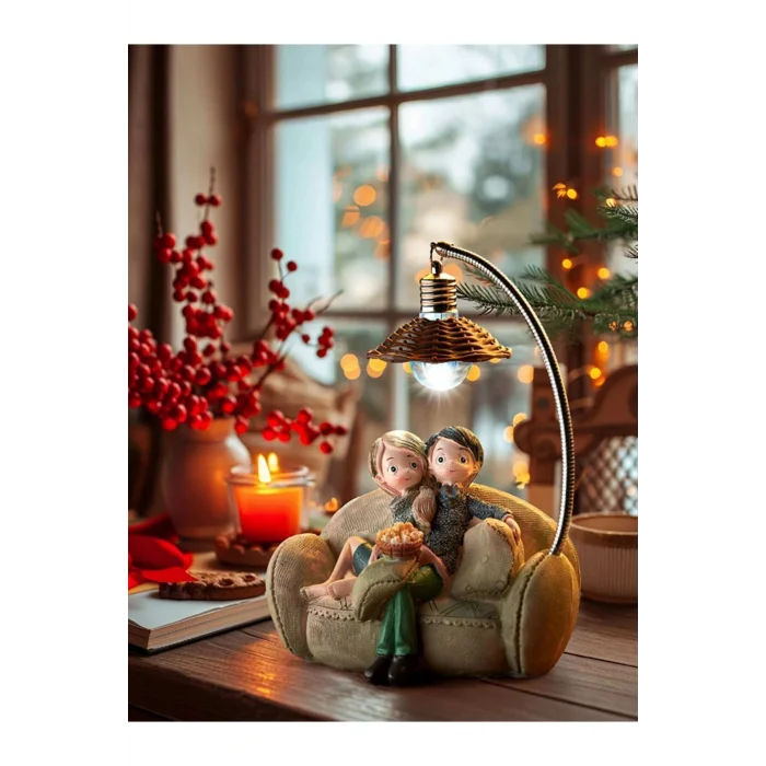 Biblo Kahverengi Dekoratif Işıklı Masa Üstü Süs Eşyası Tatlı Sevgililer Çiftler Biblo Sevgiliye Eşe Retro