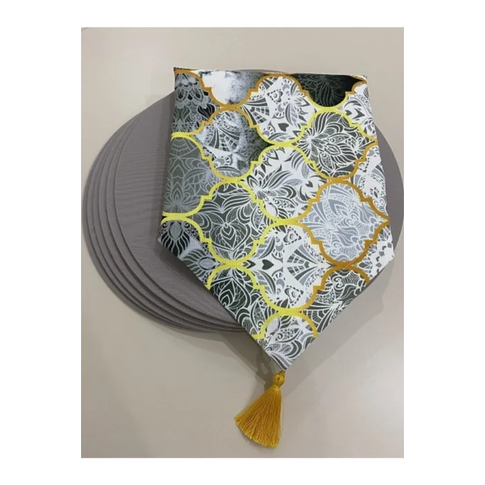 Genel Ürün Gri Macaron Desenli Runner Ve 6lı Supla Seti