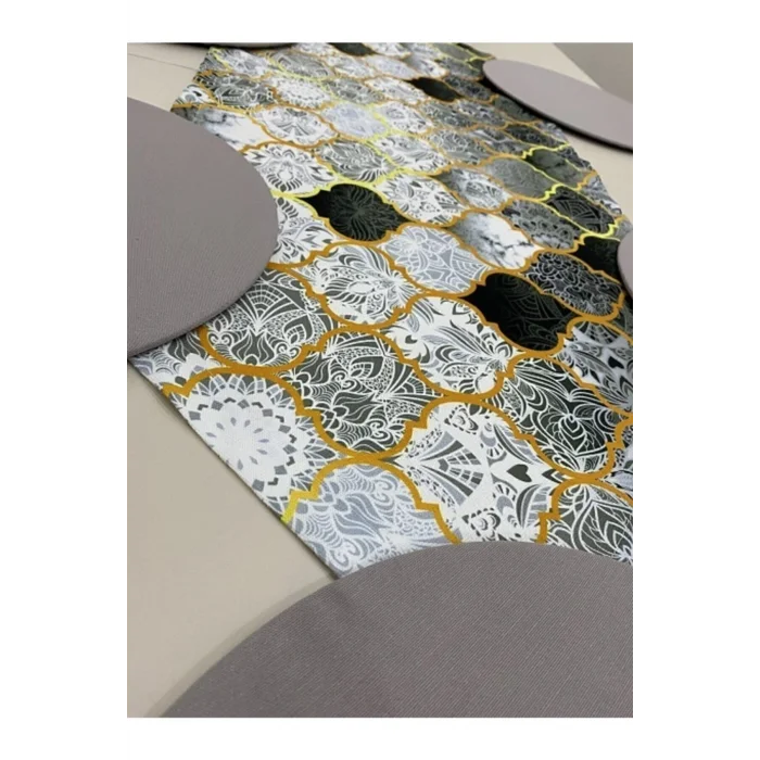 Genel Ürün Gri Macaron Desenli Runner Ve 6lı Supla Seti