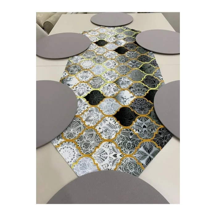 Genel Ürün Gri Macaron Desenli Runner Ve 6lı Supla Seti